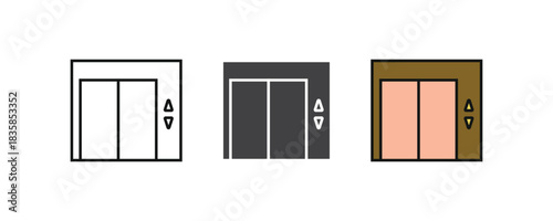 Vector collection of elevator door icons in three styles, outline, filled, and flat color. Ideal for user interface, app design, and architecture