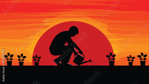 Silhouette gardener watering plants at sunset with watering can, peaceful nature scene for growth, mindfulness, agriculture, environment, gardening and sustainability themes