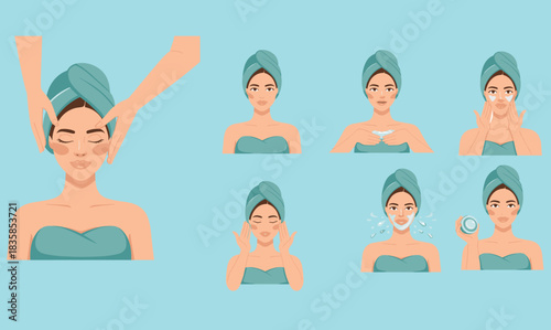 Skincare routine illustration showing woman cleansing face, applying cream, massaging skin, beauty treatment steps, facial care and spa self-care process