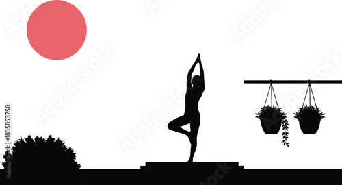 Woman practicing yoga tree pose outdoors at sunrise with hanging plants and garden bush silhouette creating peaceful meditation and wellness scene