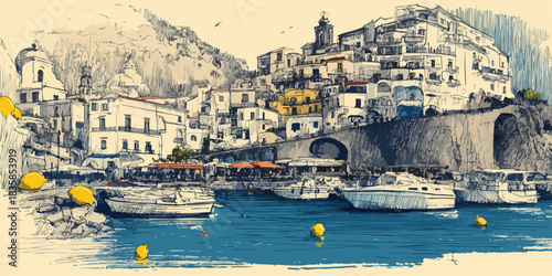 A picturesque vector illustration capturing the stunning Amalfi Coast with its charming hillside architecture and bustling harbor filled with boats.