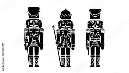 Three stylized nutcracker soldier illustrations in black and white, a classic Christmas decoration