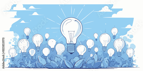 A prominent glowing light bulb surrounded by smaller bulbs and blue foliage, symbolizing innovation and growth in a vector illustration.