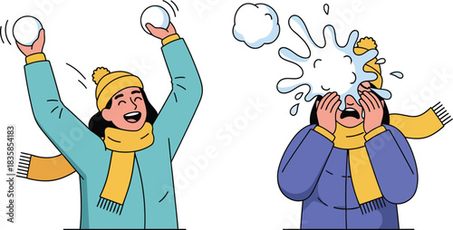 Girl throwing snowball and getting hit in the face during a winter snowball fight flat design vector editable EPS