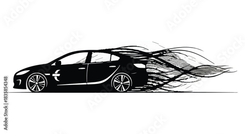 Sleek black car accelerating with dynamic smoky trails, representing speed and motion.