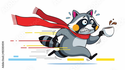 Panicked cartoon raccoon running fast wearing red scarf and spilling hot coffee cup