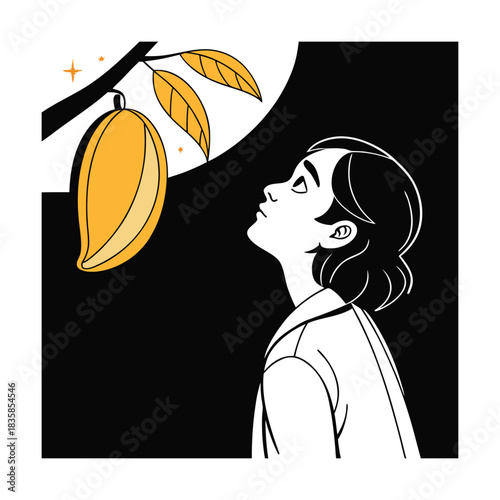 A stylized illustration of a person looking up with wonder at a single ripe yellow mango hanging from a dark tree branch against a, symbolizing desire or harvest