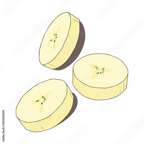 Three slices of ripe yellow banana floating in the air, isolated on, simple illustration style