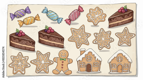 Festive assortment of delicious treats including cakes candies and cookies.