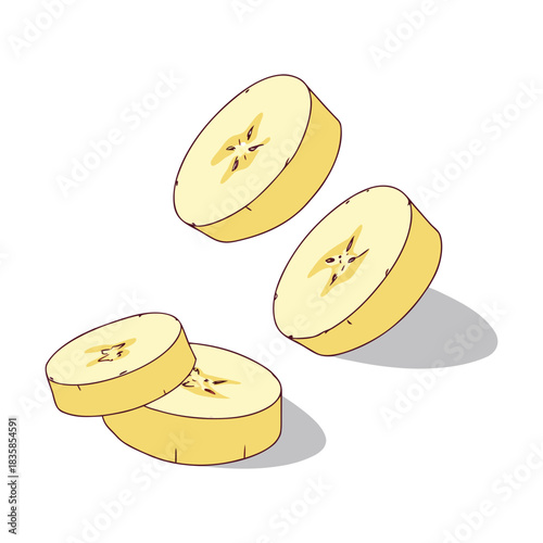 Four slices of ripe yellow banana floating in the air with soft shadows, isolated on
