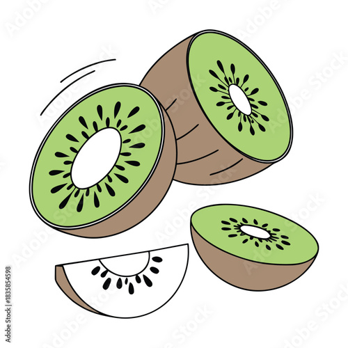 Illustration of fresh kiwi fruit cut in half and sliced, showing the vibrant green flesh and black seeds, isolated on