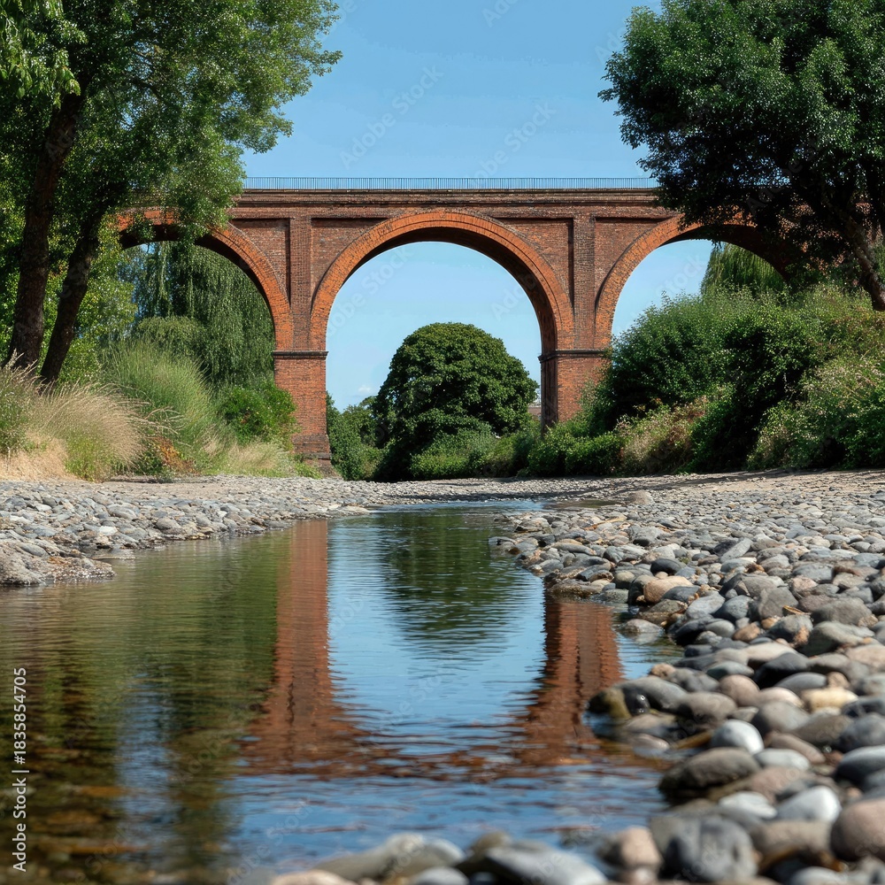 Fototapeta premium Brick Bridge Reflecting in River Water Under Blue Sky