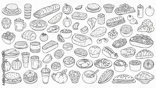 Hand drawn doodle collection of various food items and beverages.