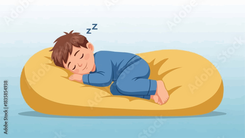 Young boy peacefully sleeping on a comfortable yellow cushion dreaming.