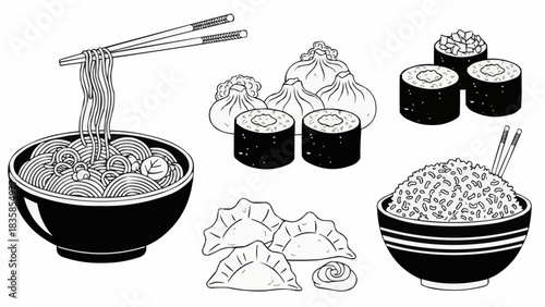 Hand Drawn Asian Cuisine Food Collection Illustration Set.