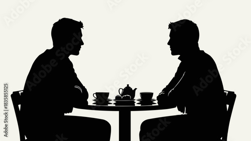 Two men sit at table in silhouette having a conversation.