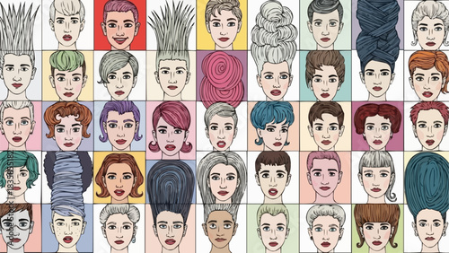 Collection of Diverse Hairstyles and Faces in Artistic Illustration.