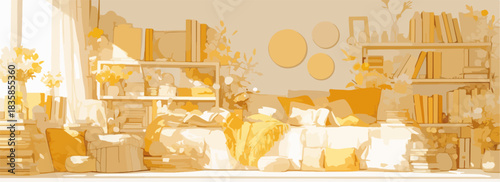 Cozy living room interior with shelves filled with books, plants, and decorative items, bathed in warm sunlight.