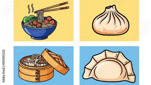 Collection of Delicious Asian Dumplings and Noodles.