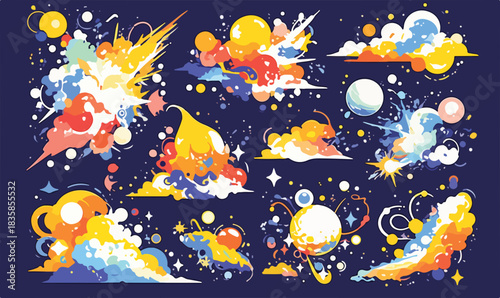 Vibrant abstract colorful explosions and cosmic clouds with stars, vector graphics on dark background.