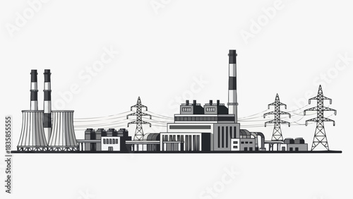 Industrial power plant silhouette generating electricity for the city.