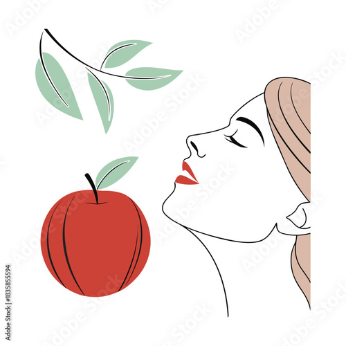 Minimalist line art illustration of a woman smelling a red apple with green leaves, representing freshness, natural beauty, and healthy lifestyle, isolated on