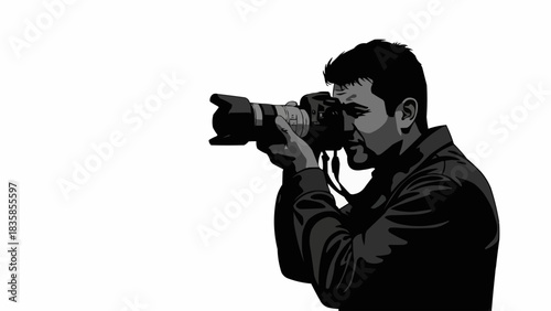 Black and white graphic illustration of a male photographer taking a picture.