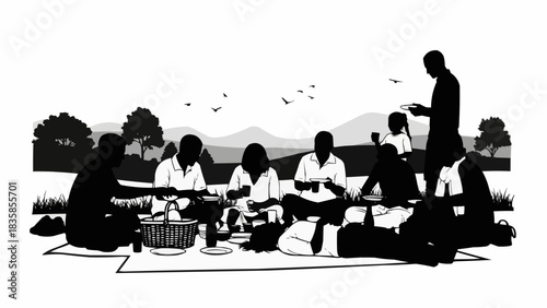 Diverse group of people enjoying a picnic outdoors on a sunny day.
