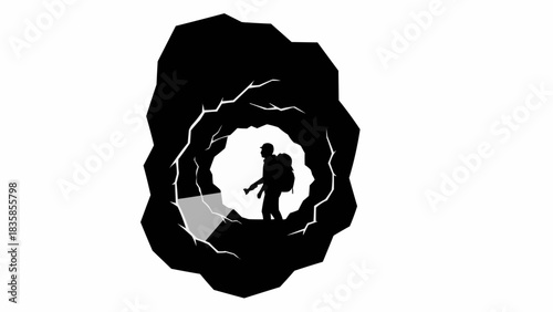 Silhouette of a person with a backpack exploring a dark cave with a flashlight.