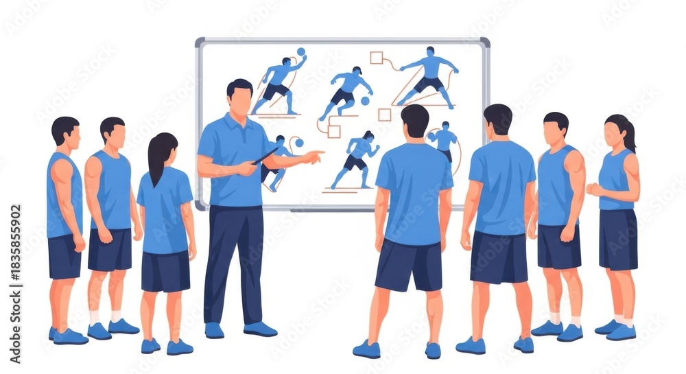 Fototapeta premium Group of Young Athletes Training in Indoor Sports Facility with Coach and Whiteboard