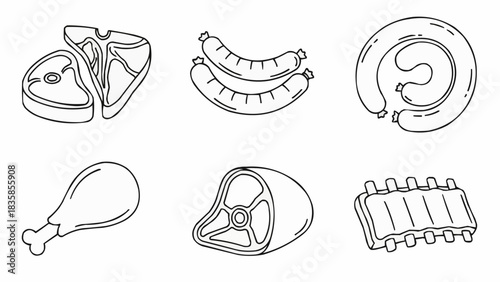 Various Cuts of Meat and Sausages Hand-Drawn Outline Set.