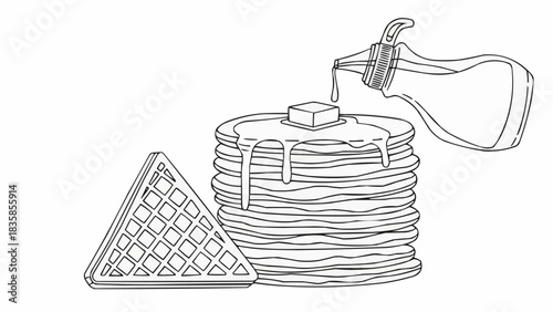 Delicious stack of pancakes with syrup and waffle breakfast.