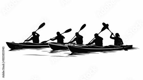 Silhouettes of people kayaking in a row on water.