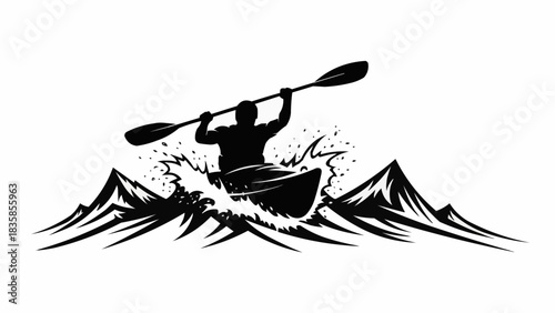 Silhouette of a Kayaker Paddling Through Rapids with Mountains.