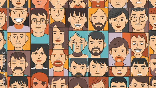 Diverse group of people showing various emotions and expressions.