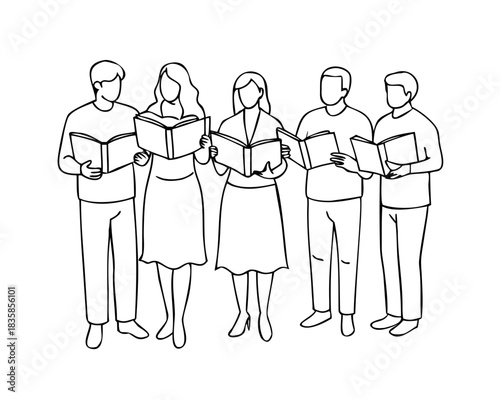 One continuous line drawing of a diverse business group or choir standing in a line, holding open books or sheet music and reading together in unity.