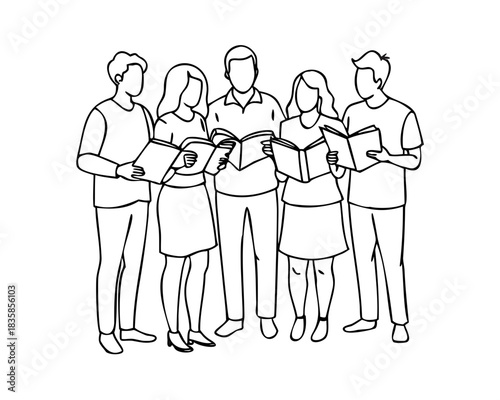 One continuous line drawing of a diverse business group or choir standing in a line, holding open books or sheet music and reading together in unity.