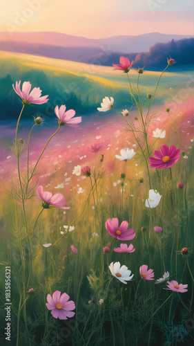 Pink and white cosmos flowers in a sunlit meadow at sunset isolated on a transparent background