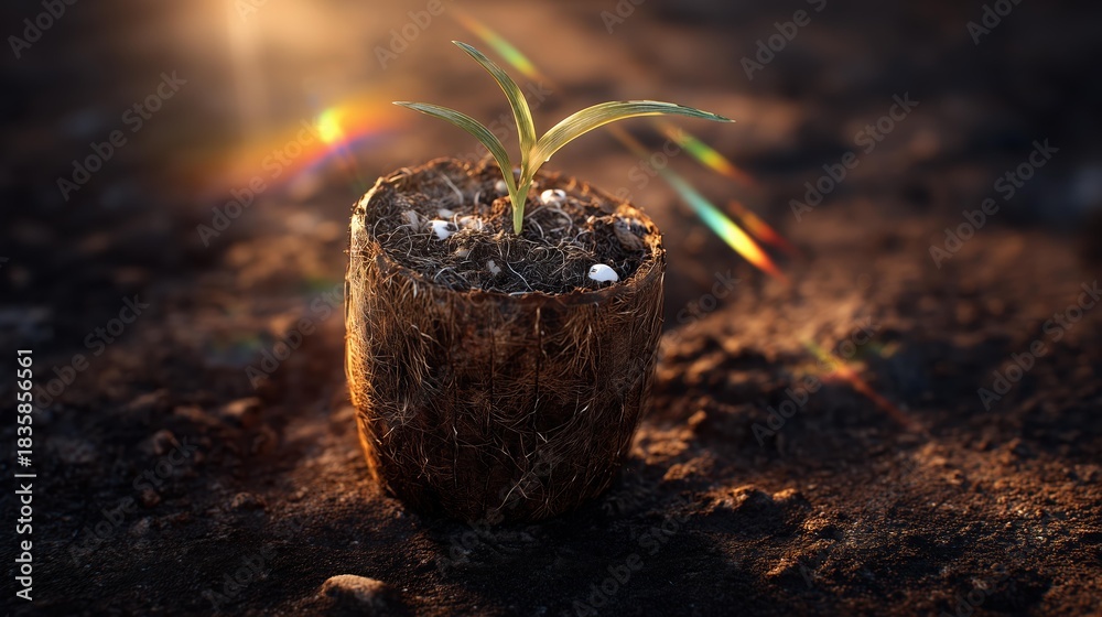 Fototapeta premium Sun-Bleached Biodegradable Coir Seedling Pot Cradling Scorched Tree Plug with Fine Roots in Warm Golden Hour Light