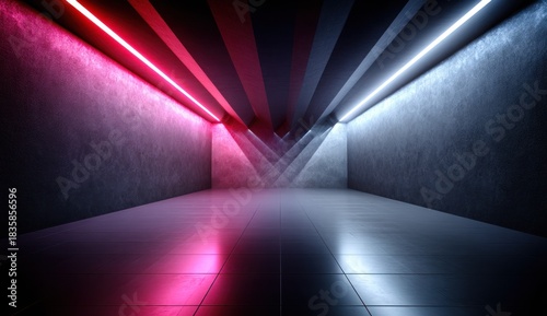 A minimalist, futuristic tunnel with contrasting red and blue neon lights illuminating textured walls