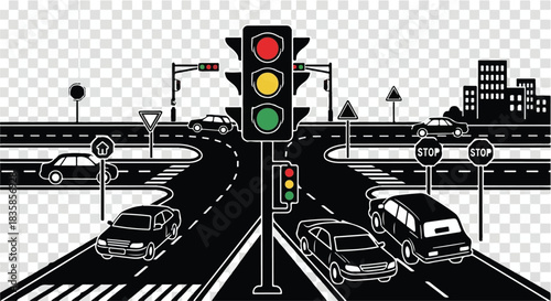 Busy city intersection with traffic lights and cars navigating complex roads