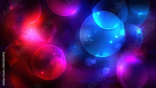 Abstract glowing orbs float in a dark space, vibrant reds and blues blend seamlessly