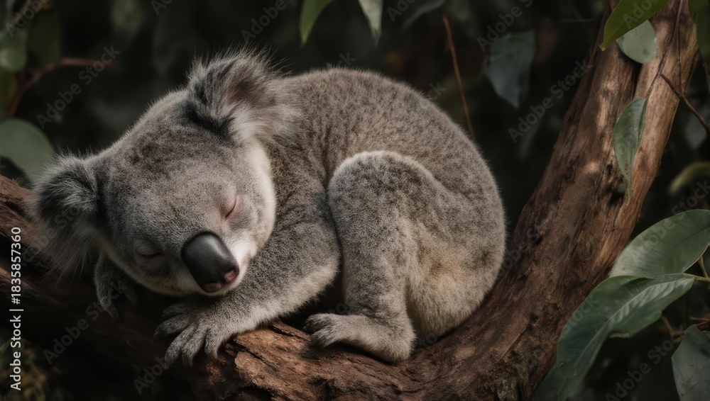 Naklejka premium A grey, fluffy koala peacefully sleeps curled on a tree branch, surrounded by green foliage