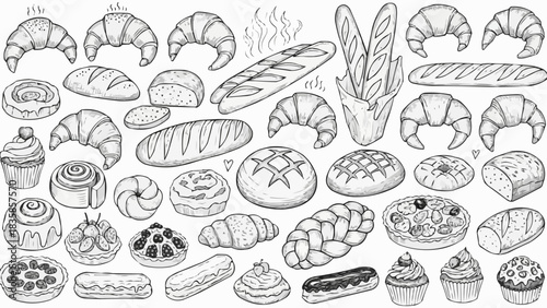 Assortment of Hand-Drawn Bakery Goods - Croissants, Breads, and Pastries.
