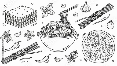 Hand Drawn Italian Food Ingredients and Dishes Collection.