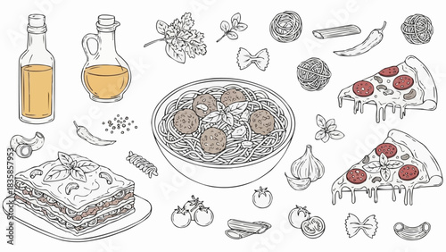 Italian Cuisine Sketch - Pasta, Pizza, Lasagna and Ingredients.