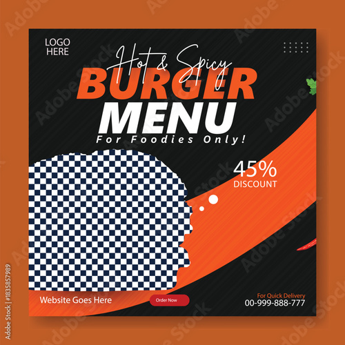 Delicious hot and spicy burger menu for foodies with a 45 discount offer and website information