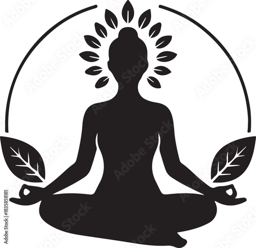 Silhouette of a woman meditating in lotus position with floral elements
