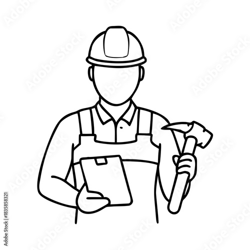 Continuous one line drawing of a construction worker holding a tool and a tablet vector