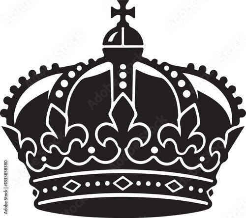 A detailed black and white illustration of a regal royal crown design